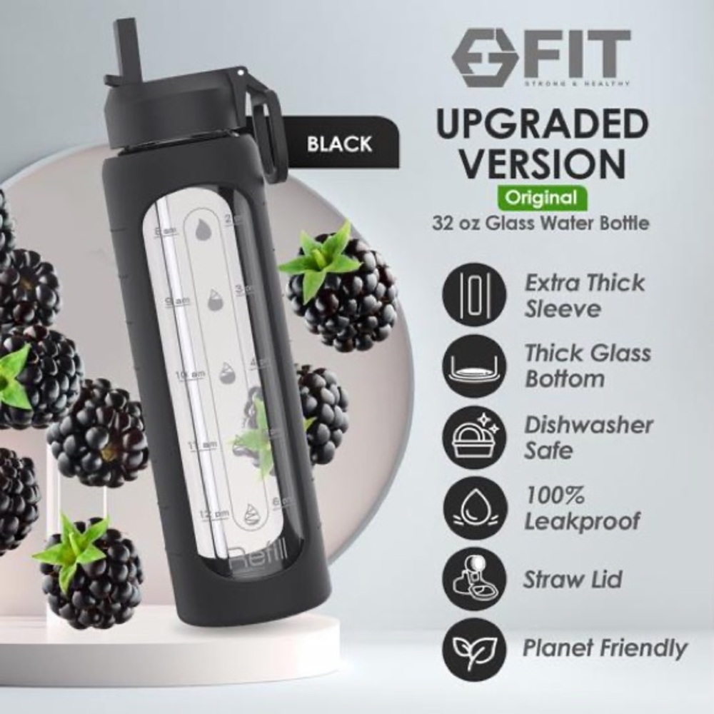 NWOT- FIT -32 oz Glass Water Bottle with 2 Lids, Time Marker, Silicone Sleeve - Picture 4 of 16